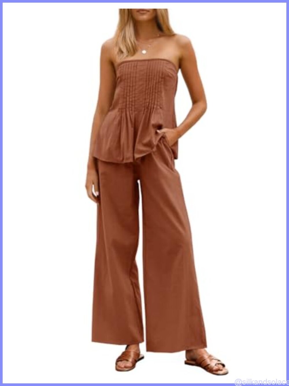Strapless Tube Top Wide Leg Pants Pleated 2 Piece Lounge Set Summer